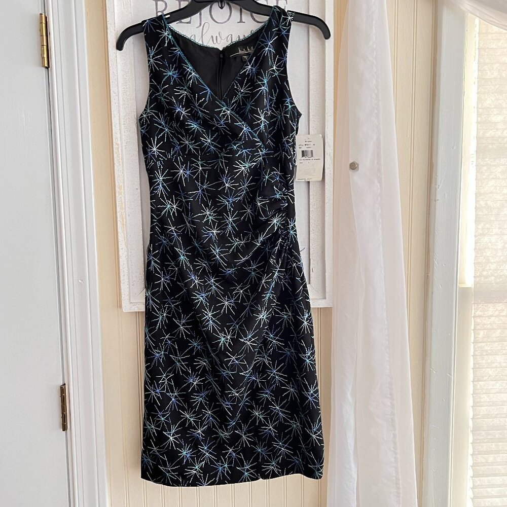 Nicole Miller Black Midi Sheath Dress With Metallic Starburst Print